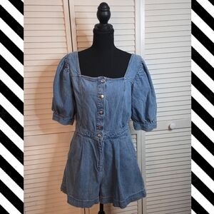 Denim Puff-Sleeve Kids Romper - Blue
